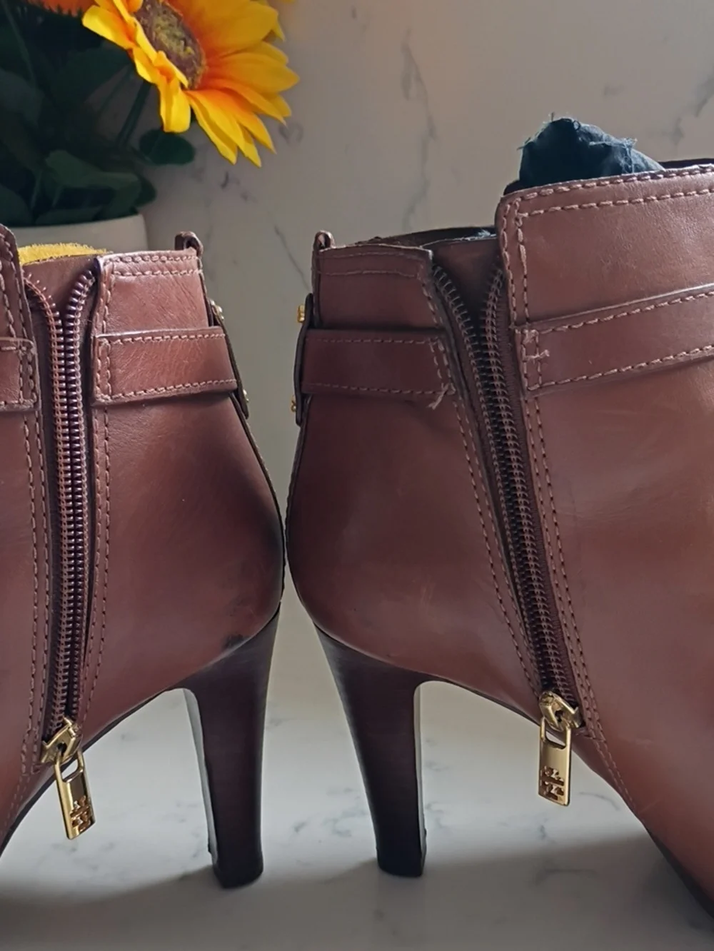 Tory Burch Chestnut Brown Leather Ankle Booties with Logo Accent